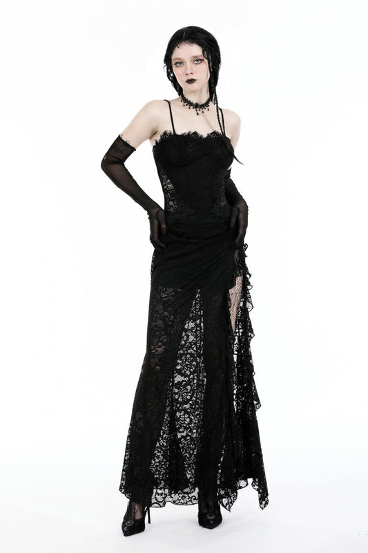Sleeveless Side Slit Ruffled Lace Lace-Up Gothic Maxi Slip Wedding Dress