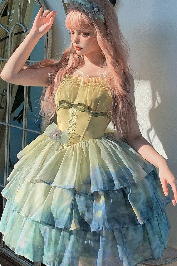 Emerald Sunset Oil Painting Triple-Tier Frill Sweet Jumper