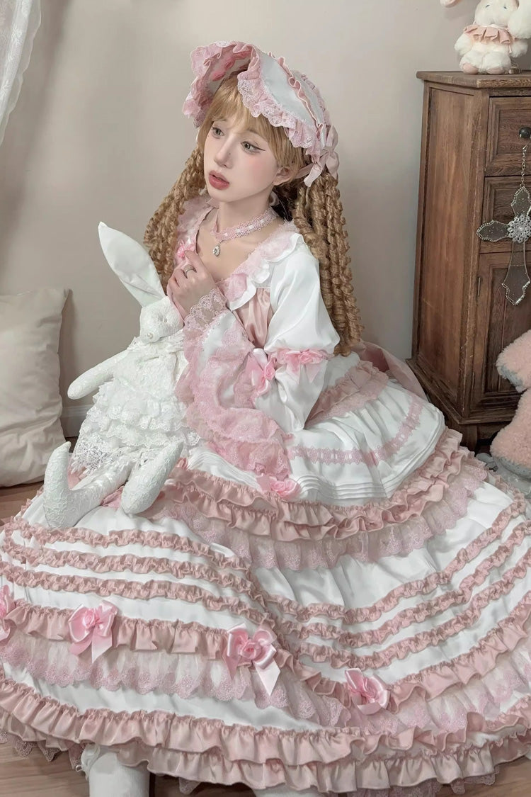 Ivory and Pink Peach Ice Short Sleeve Ruffled Ribbon Lace Sweet Lolita Dress