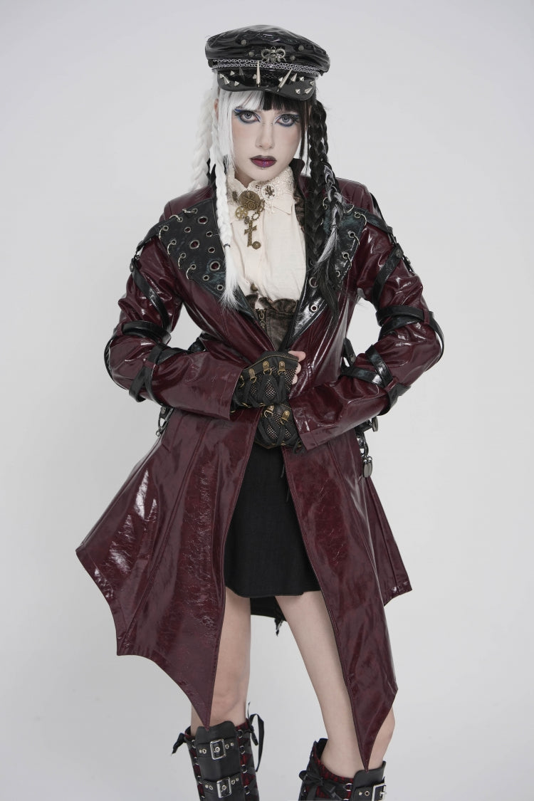 Crimson Lapel Lace-Up Irregular Eyelets Punk Coat