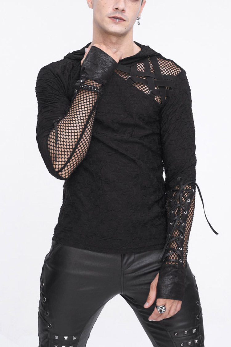 Mesh Spliced Long Sleeve Punk Hoodie for Men with Lace-Up Front