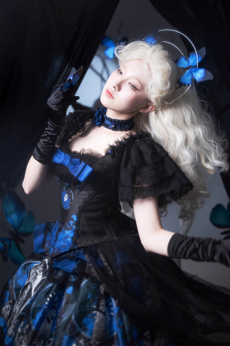 Blue Dark Moon Corridor Print Embroidery Gothic Lolita Dress Skirt