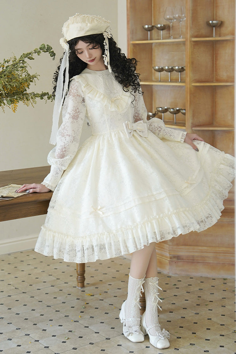 Cream Flower Sound Long Sleeve Frilled Cardigan Bow Lace Sweet Lolita Dress
