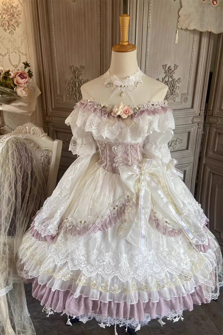 Multi-Color Sweet Lace Dress with Short Sleeves and Bow