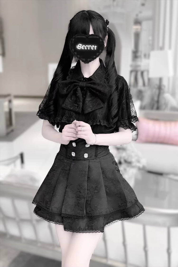 Dark Moon Shadow Double Layered Ruffled Embroidered Lace Up Gothic Lolita Set