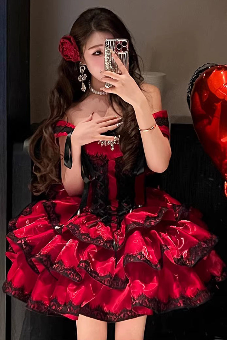 Sweet Lolita JSK Dress with Ruffled Lace and Lace-Up Back - Red