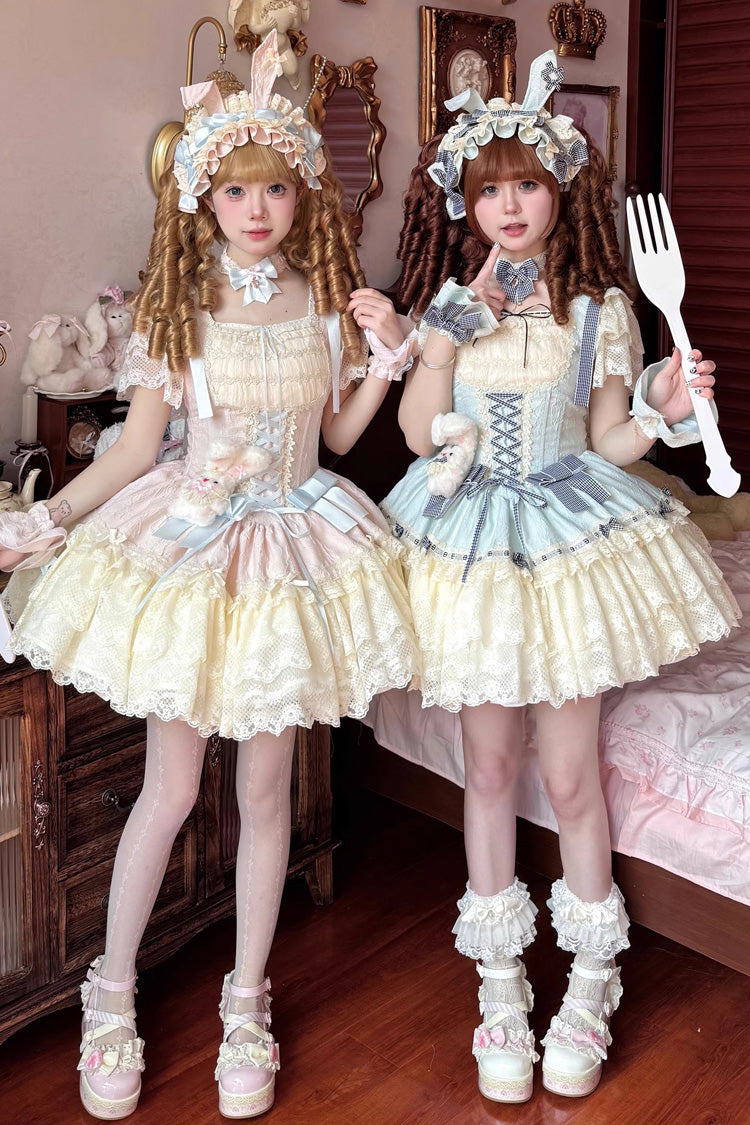 Goodnight Alice Sleeveless Ruffled Bow Lace-Up Sweet Lolita Jumper Dress Three Colors