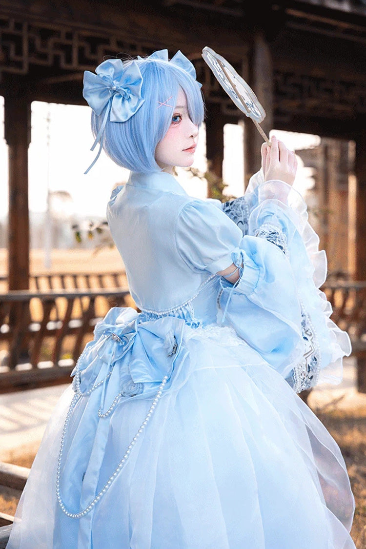Cerulean and Ivory Porcelain Printed Ruffled Bow Lace High-Low Sweet Plus Size Lolita JSK Long Version