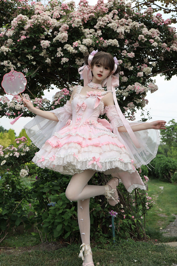 Pink Prelude of Spring Cherry Square Collar Sleeveless Jacquard Lace JSK