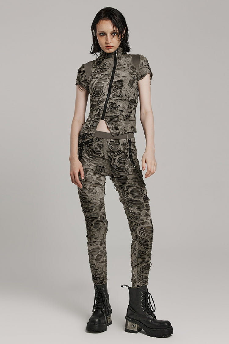 Tailored Distressed Eyelet Chain Steampunk Leggings for Women