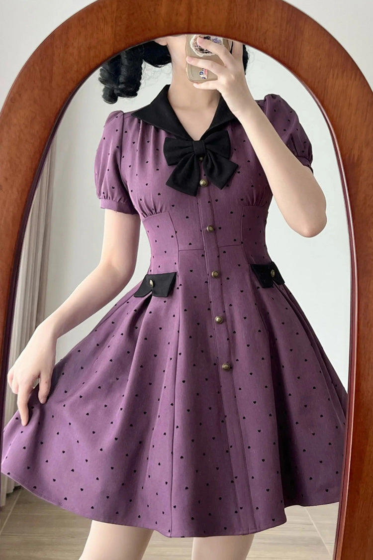 Forest Boulotty Violet Lapel Collar Heart Polka Dot Bow Short Sleeve Lolita Dress - Forest Boulotty