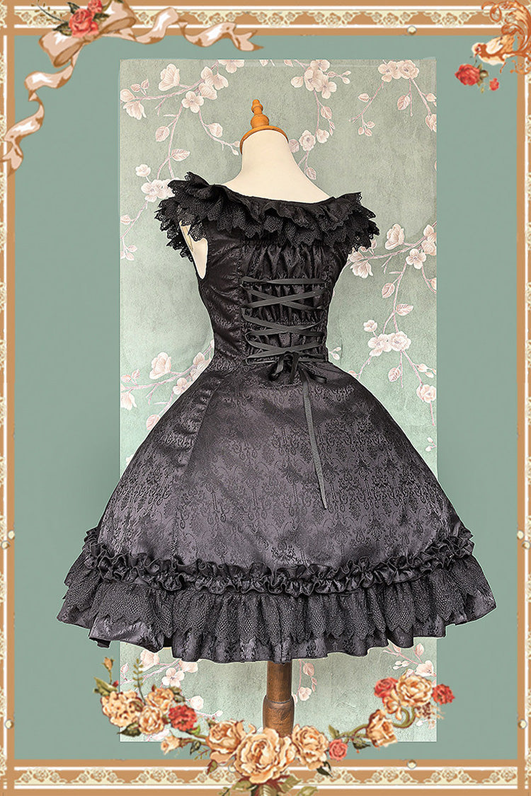 Floral Canon Round Collar Sleeveless Jacquard Printed Ruffled Bow Gothic Lolita Jsk Dress - Black