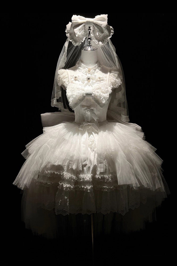 Ivory Halter Ruffle Bridal Bow Lace Gothic Dress