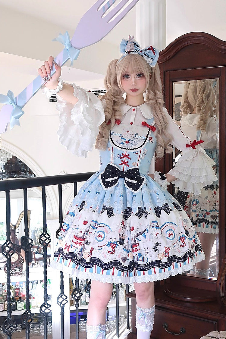 Sleeveless Print Ruffle Bowknot Lace Sweet Lolita Jsk Dress Blue
