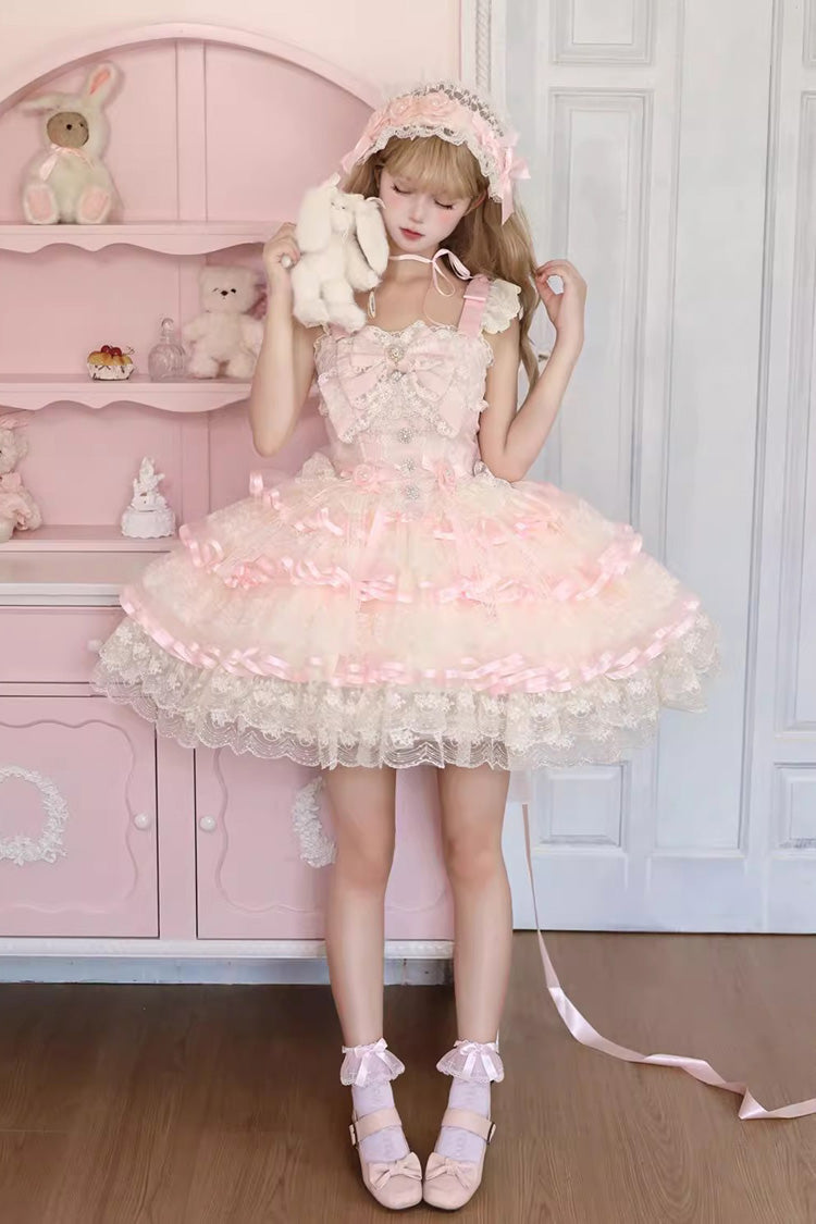 Pink Rose Feather Waltz Sleeveless Triple-Layer Ruffle Bow Lace Ballet Lolita Jumper