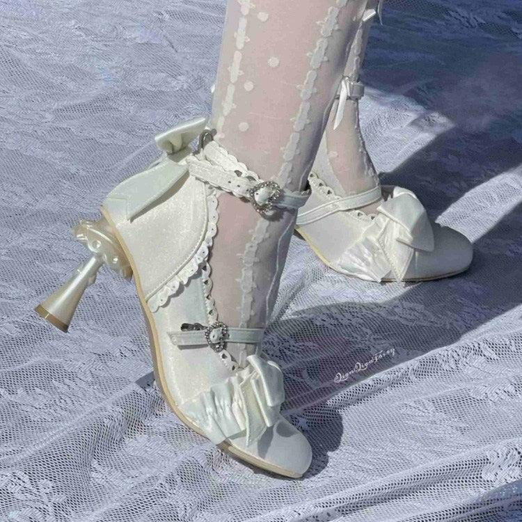 Ruffled Bow Lace Pointed Heels for Elegant Lolita - Four Shades