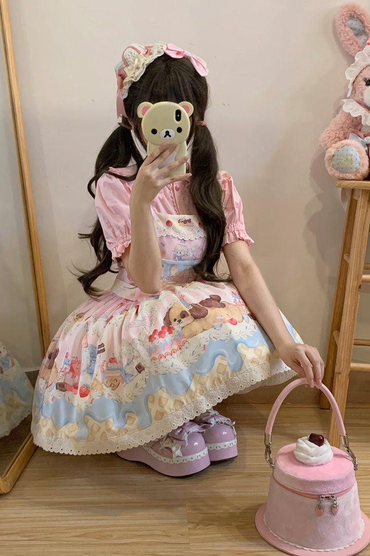Cream Party Printed Bow Stitching Lace Sweet Lolita JSK Dress