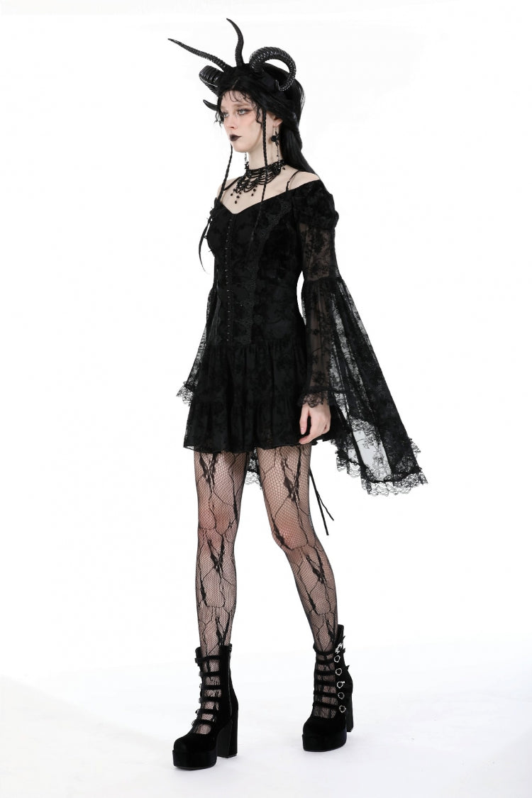 Off Shoulder Long Trumpet Sleeves Velvet Spliced Mesh Gothic Graduation Dress