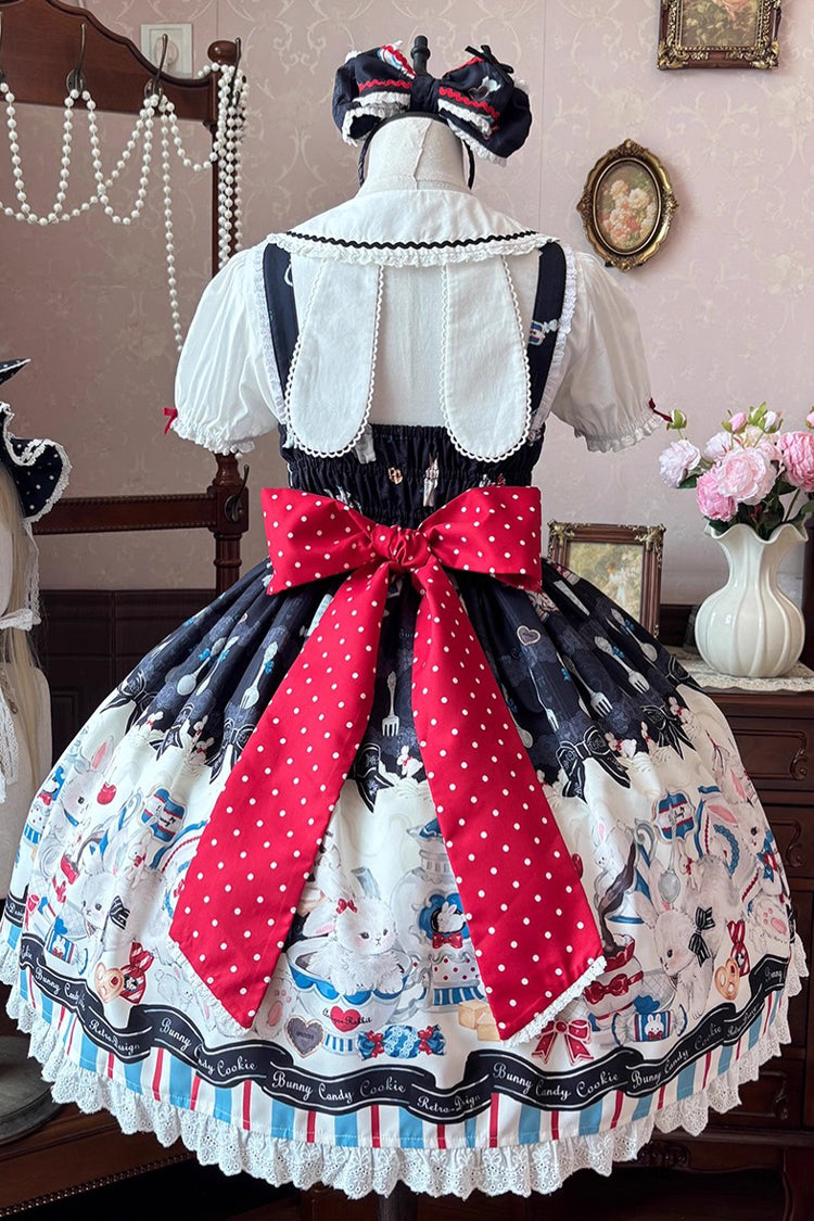 Sleeveless Print Ruffle Bowknot Lace Sweet Lolita Jsk Dress Black