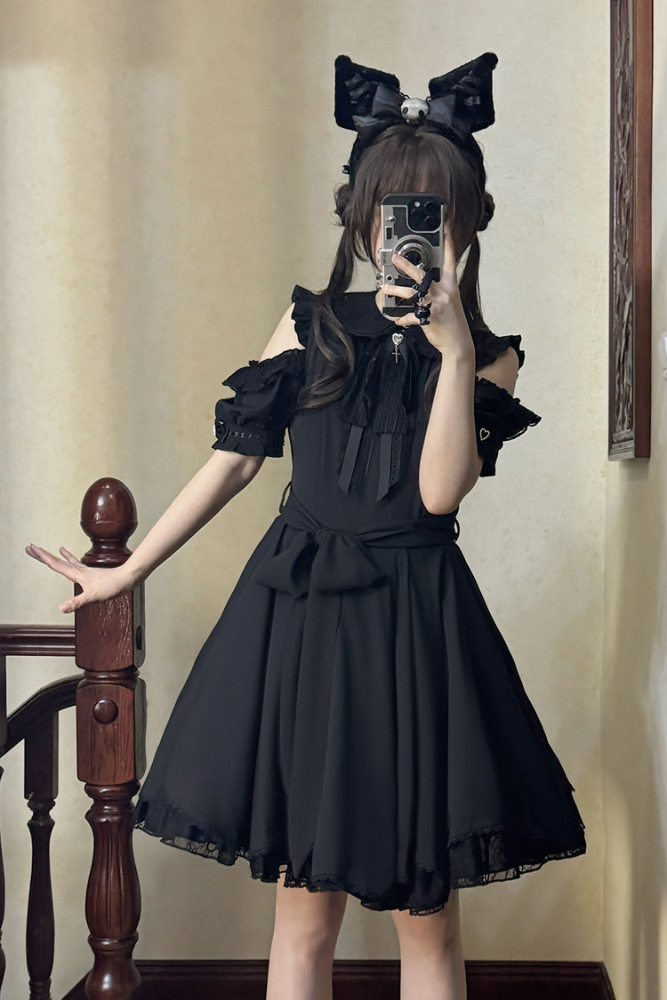 Oath Lapel Collar Off Shoulder Short Sleeves Bow Gothic Lolita Dress - Black