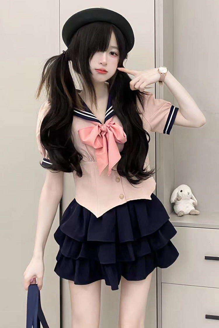 Sweet College Style Skirt Set with Ruffle Bowknot