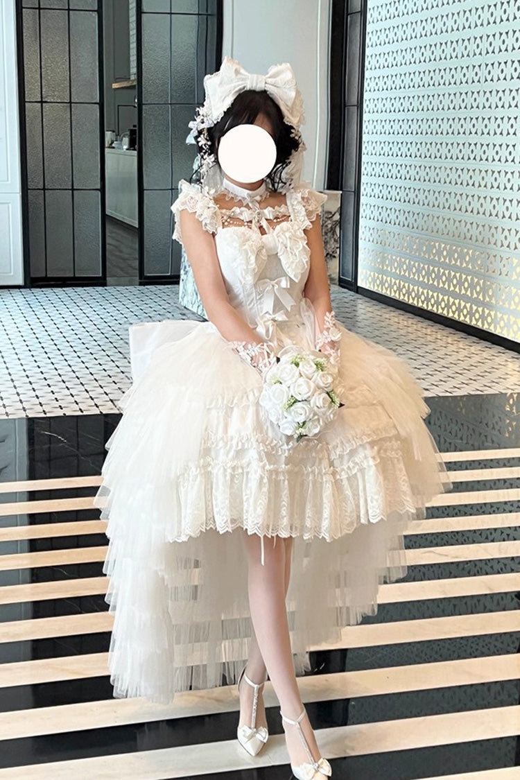 Ivory Halter Ruffle Bridal Bow Lace Gothic Dress