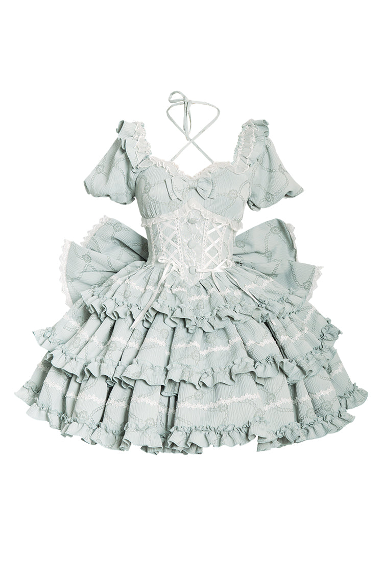 Mint Square Collar Short Sleeve Triple Ruffle Bow Sweet Lolita Dress