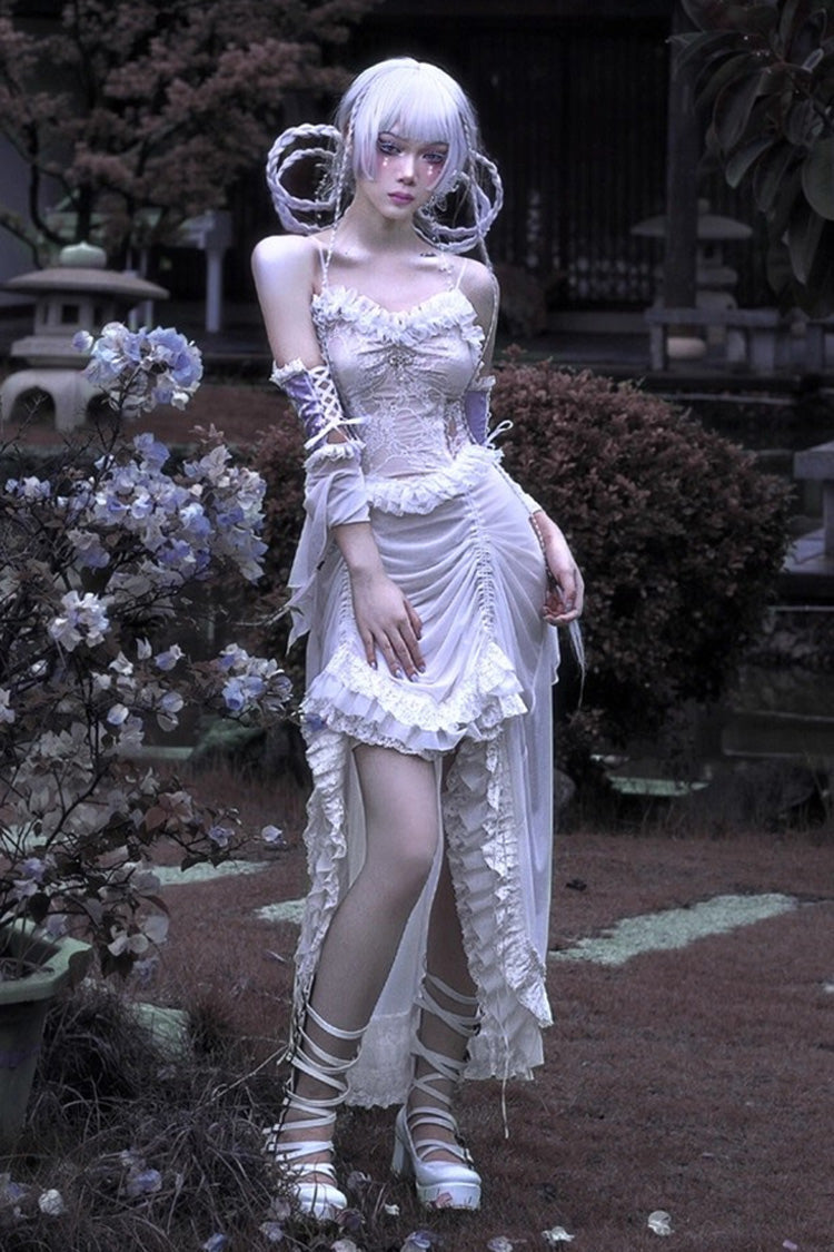 Ivory Drawstring Pleated Gothic JSK Dress with Embroidery - Redemption of the Deity
