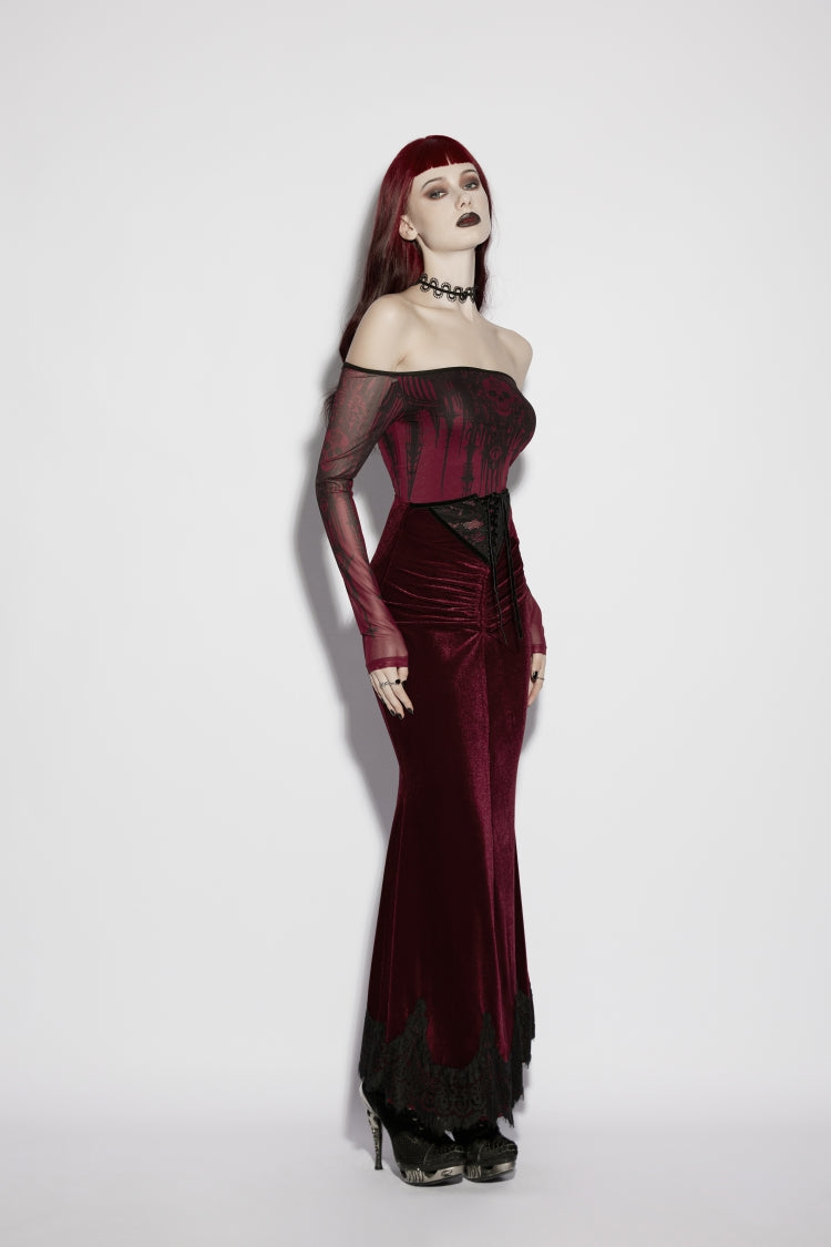 Scarlet Lace Velvet Pleated Gothic Mermaid Skirt