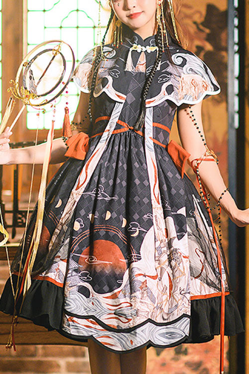 Classic Lolita OP Dress with Chang'e Moon Print and Ruffles