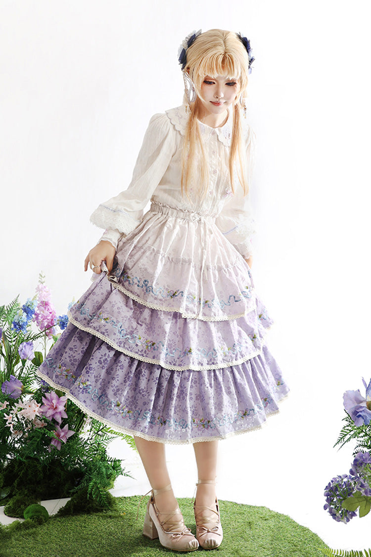 Violet Moonlight Iris Triple Layer Printed Ruffled Lace Lolita Skirt