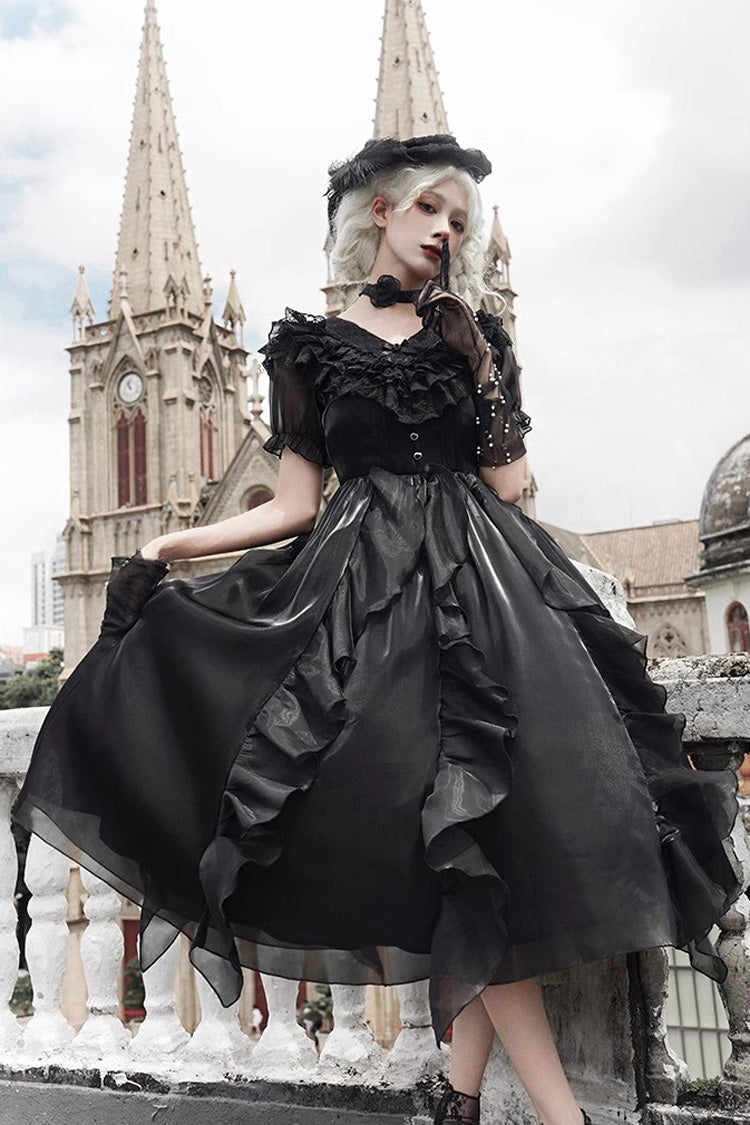 Lace-Trim Puff-Sleeve Gothic Lolita Dress