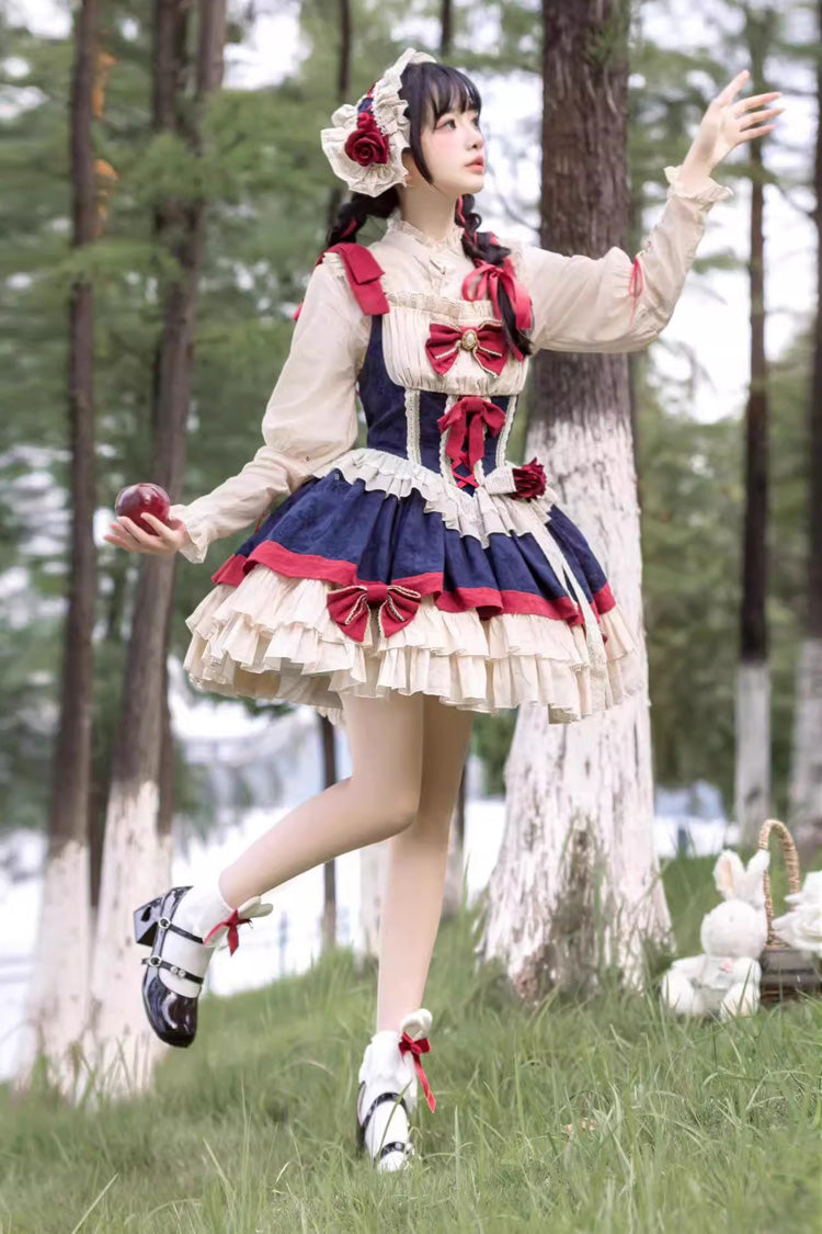Snow White Multi-Color Triple-Layer Ruffle Bow Sweet Lolita Dress with Shirt