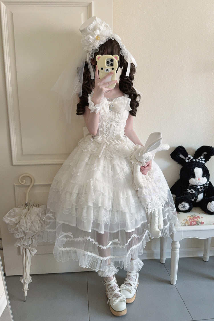 Ivory Sleeveless Multi Ruffle Bridal Bow Lace-Up JSK