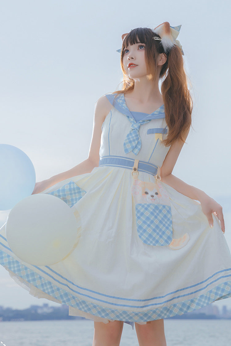 Navy White Cute Animal Printed Princess Sweet Lolita Jumper Dress