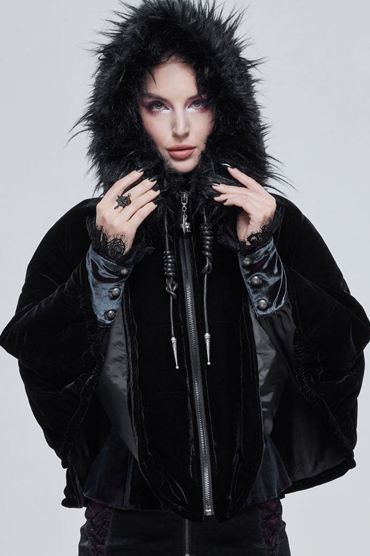 Gothic Velvet Shawl with Crescent Pendant, Zipper, Short Warm Cut