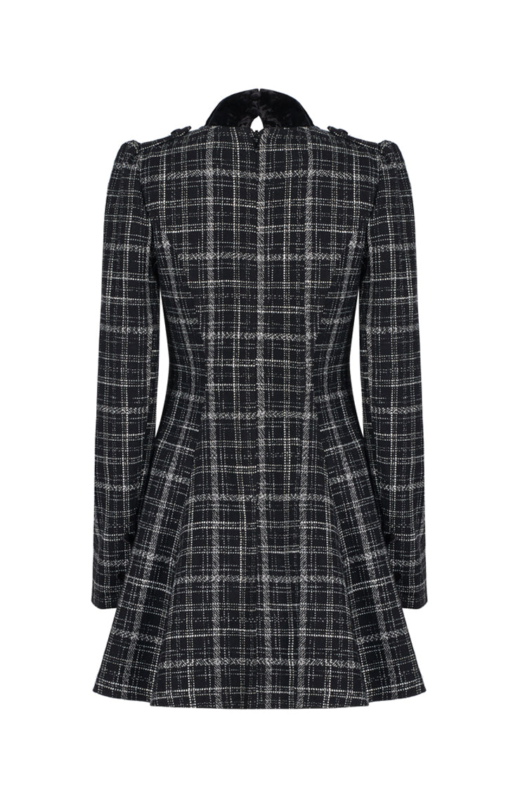 Checked Wool Velvet Bow Detail V-Neck Tie Punk Dress