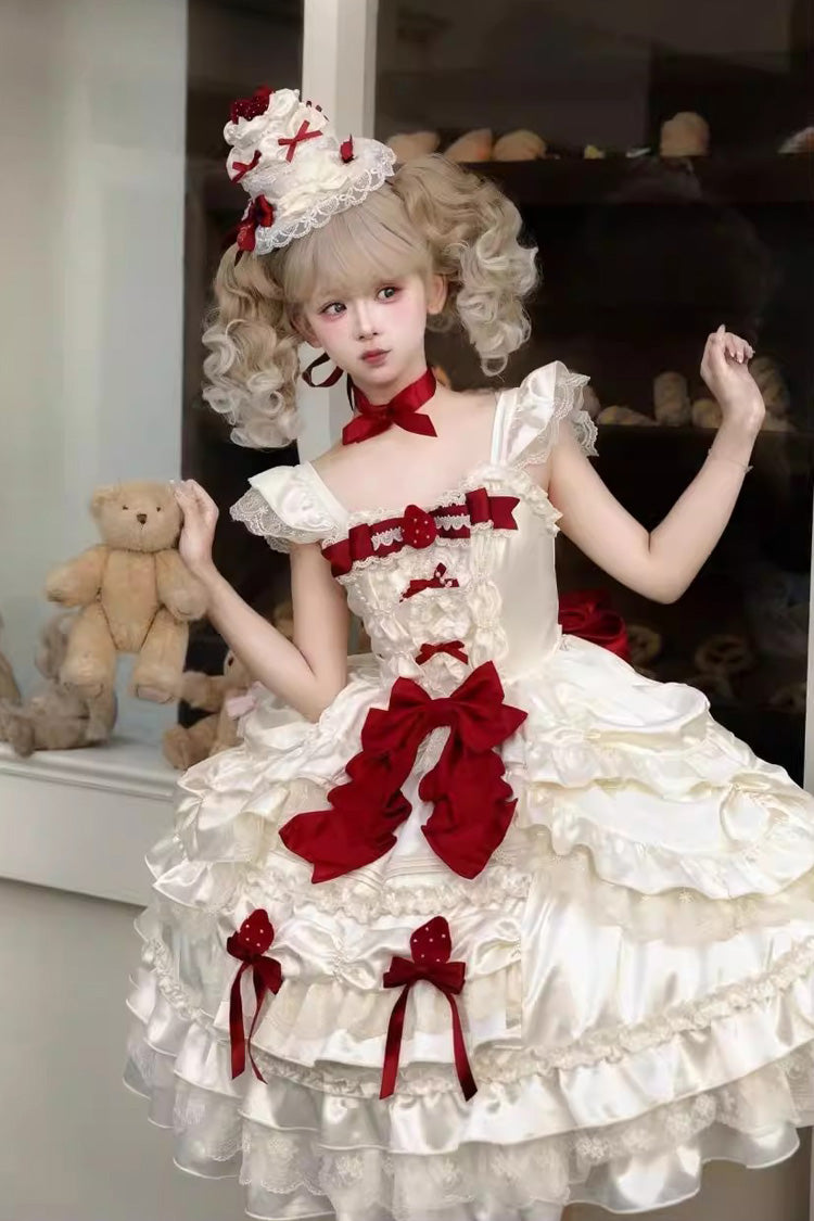 Sweet Apricot Square Collar Sleeveless Layered Ruffle Embroidered Bow Lolita JSK