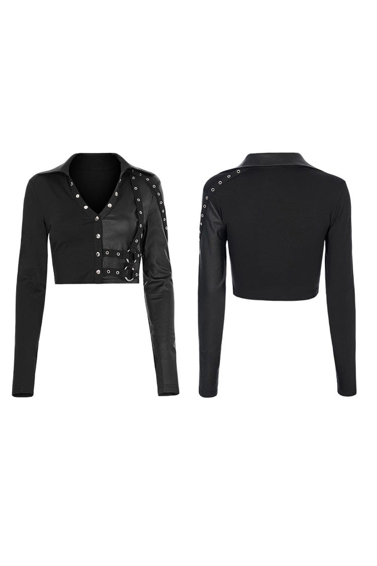 Gothic Cropped Polo Tee with Slim Fit, Straps, Long Sleeves