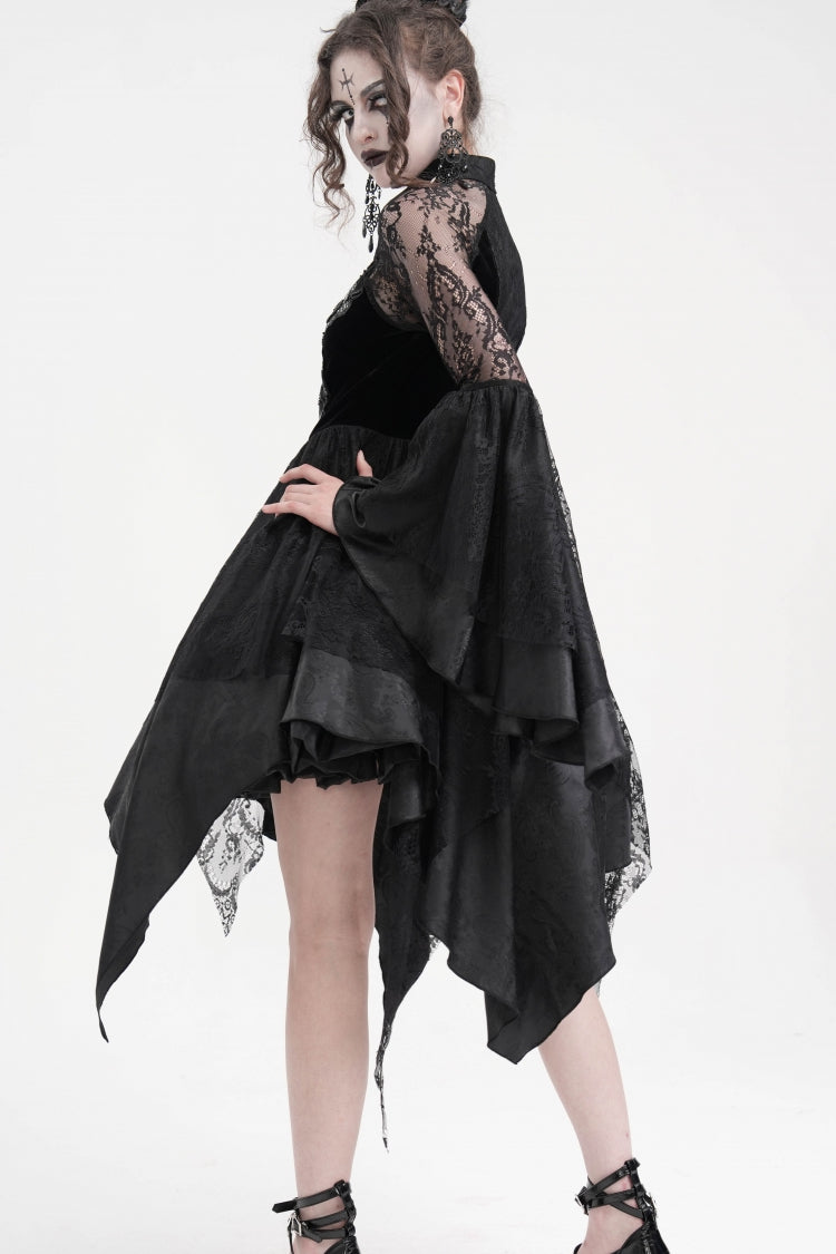 Black Long Sleeves Embroidery Lace Up Irregular Mesh Gothic Dress