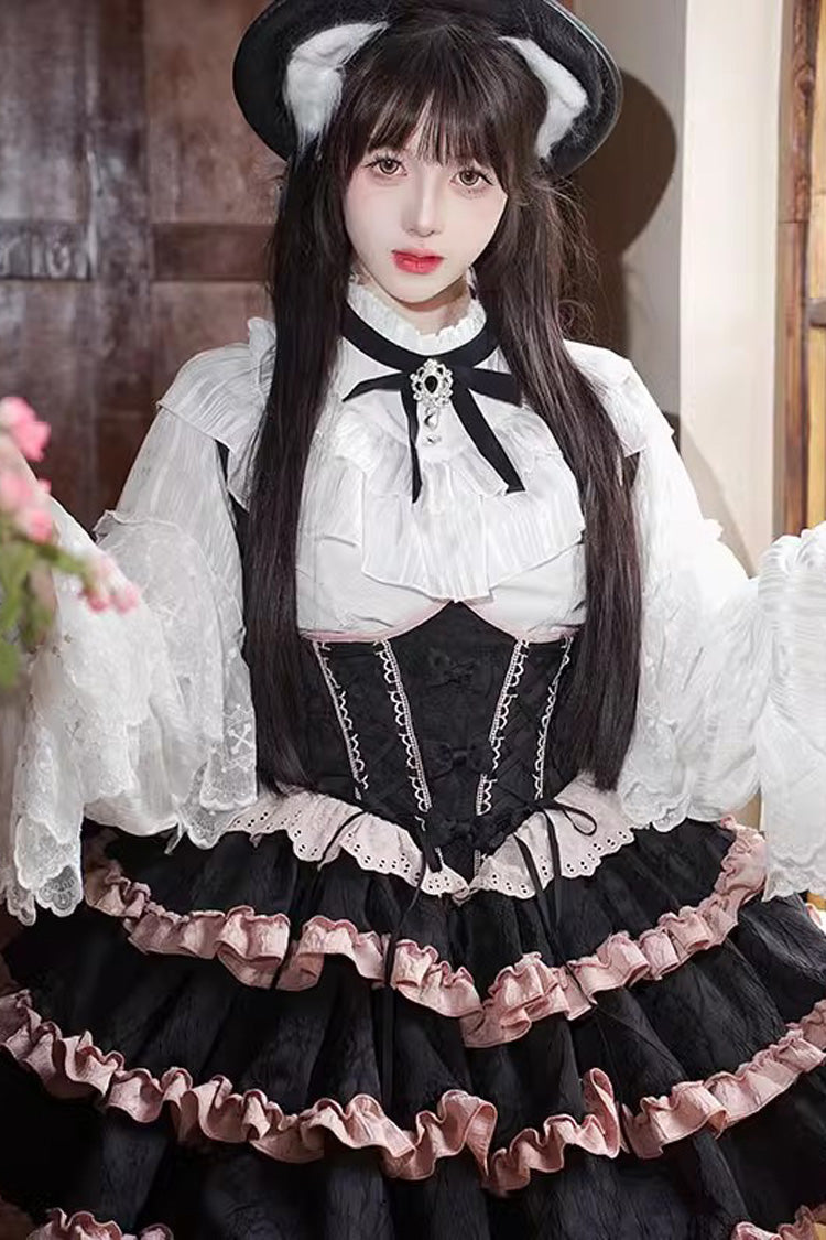 Black Pink Sleeveless Multi Ruffle Bow Lace Up Sweet Lolita Strap Dress