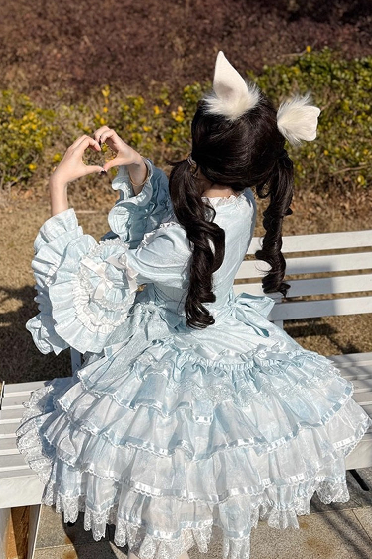 Blue Soloist Doll Long Hime Sleeve Multi-Layer Print Ruffle Bow Asymmetrical Sweet Lolita