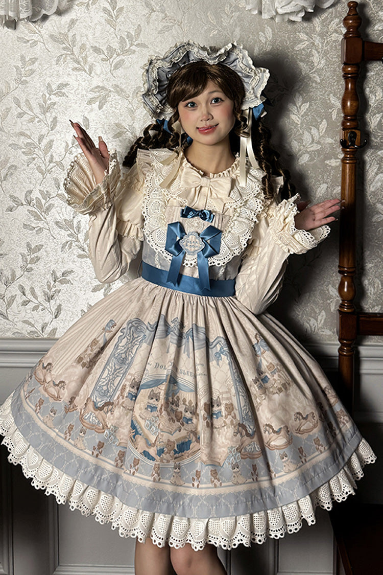 Fairy Tale Sleeveless Ruffle Bow JSK Dress with Print - Two Tones