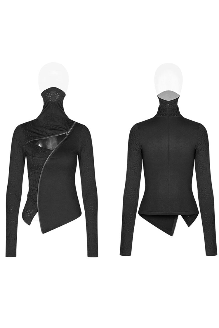 Jet-Black Knit Tee with Pleated Cutouts and Slit Hem for Women