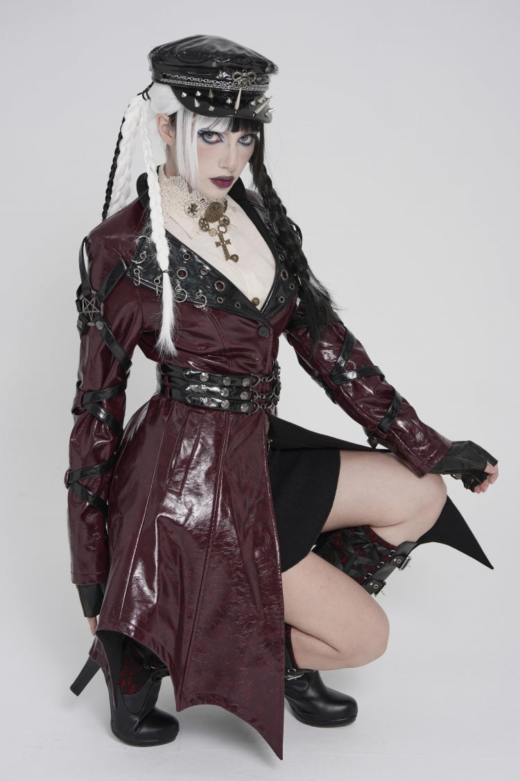 Crimson Lapel Lace-Up Irregular Eyelets Punk Coat