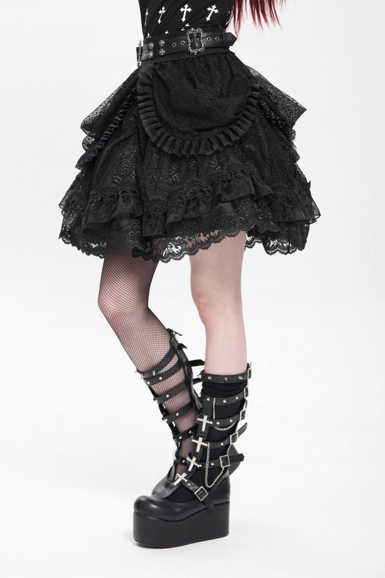 Gothic Skirt with Ruffle and Buckle Straps, Black