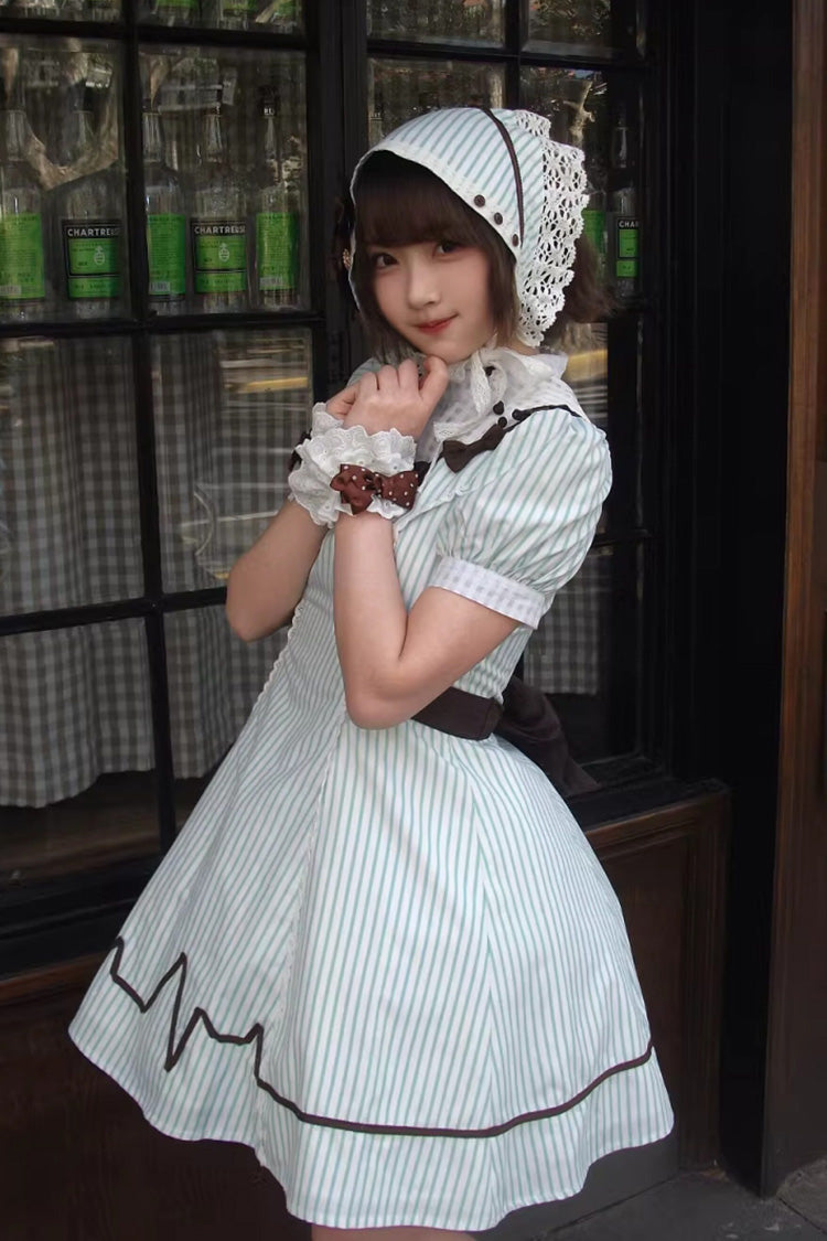 Green Striped Bow Nurse Lolita Stand-Collar