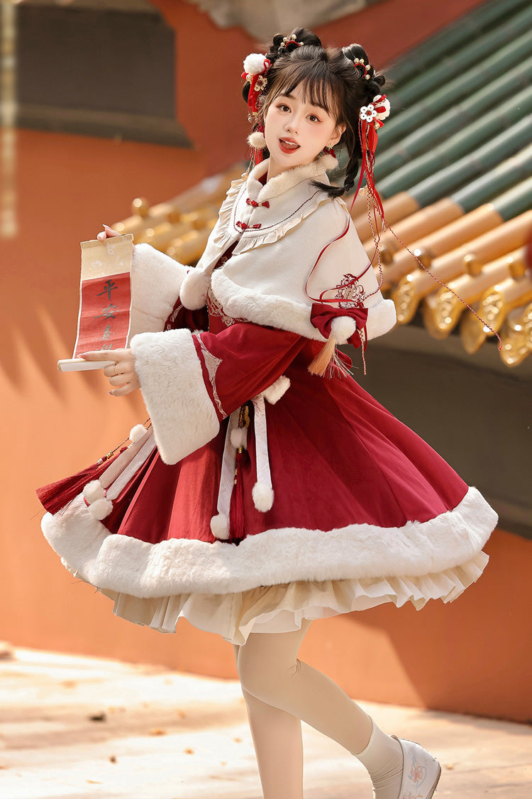 Crimson Embroidered Bow Chinese Sweet Lolita Hanfu Dress