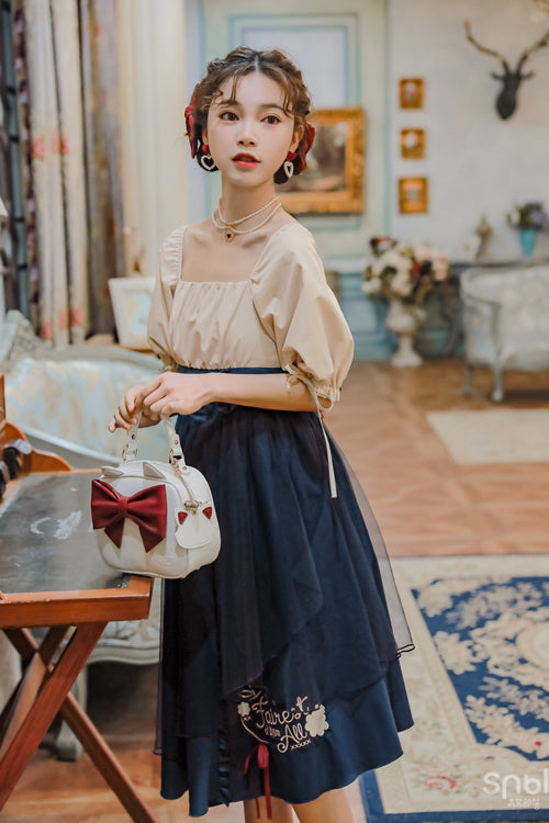 Azure Bubble-Sleeve High-Waist Sweet OP Gown with Snow White Motif