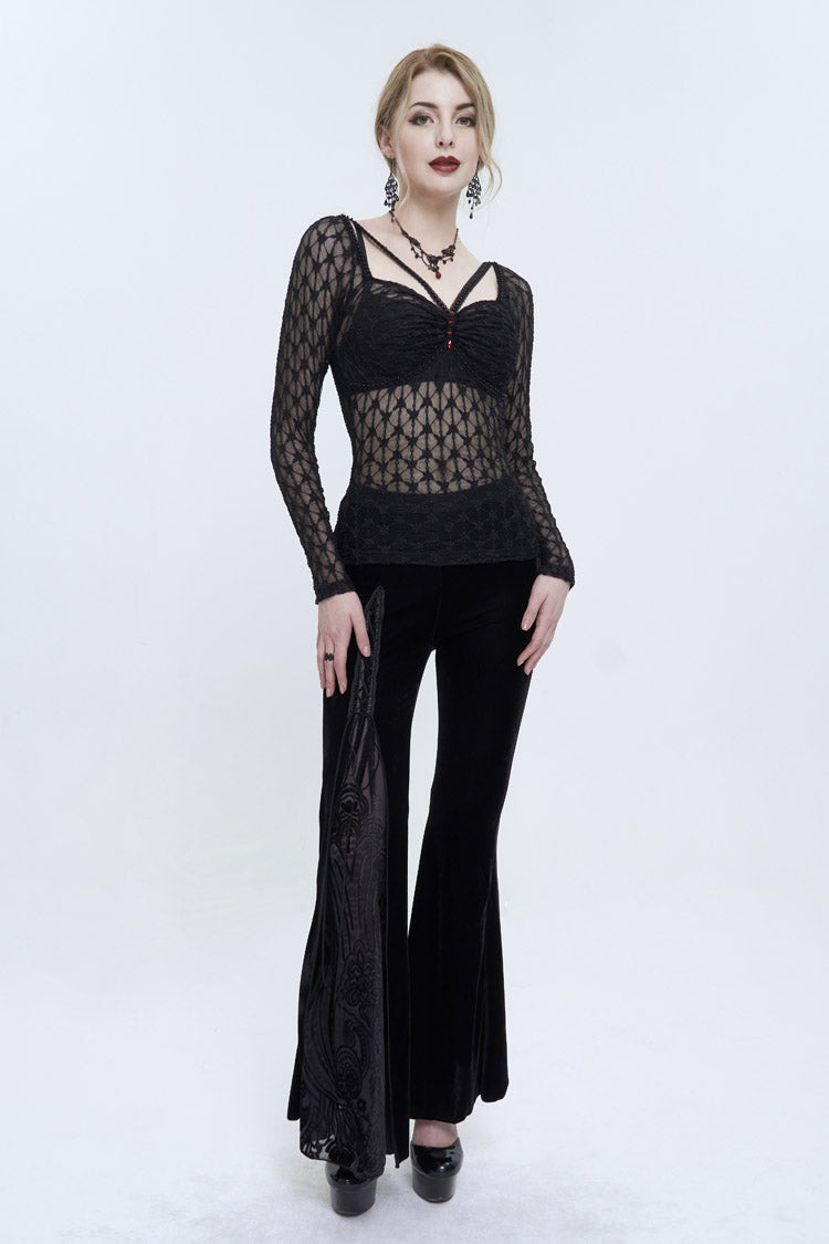 Punk Black Lace Mesh Front Red Diamond Transparent Long-Sleeve Women's Tee